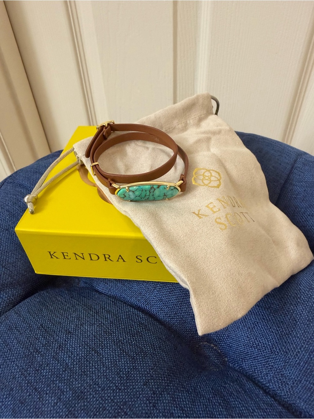 Kendra Scott Tan Leather Double Wrap Bracelet with Turquoise Stone